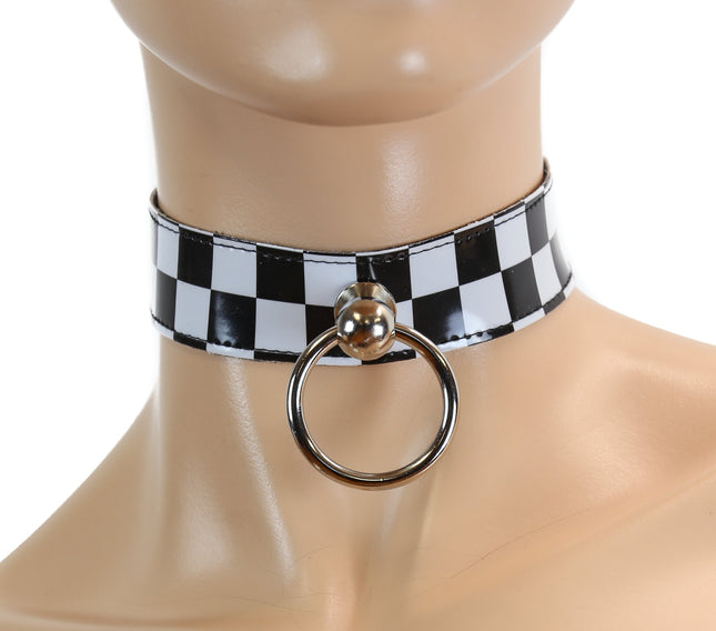 CK298CHK 1 1/8" CHECKERED LEATHER CHOKER WITH RING HOLDER