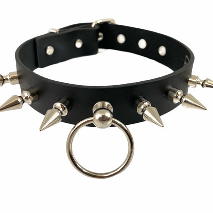 CK300 BLACK LEATHER CHOKER WITH 1" SPIKES AND RING HOLDER