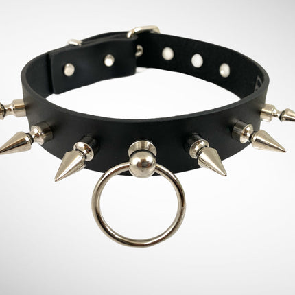 CK300 BLACK LEATHER CHOKER WITH 1" SPIKES AND RING HOLDER