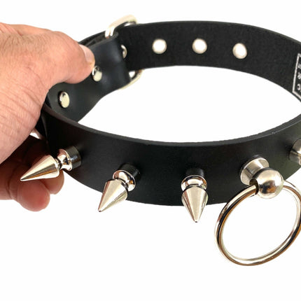 CK300 BLACK LEATHER CHOKER WITH 1" SPIKES AND RING HOLDER
