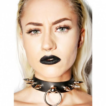 CK300 BLACK LEATHER CHOKER WITH 1" SPIKES AND RING HOLDER
