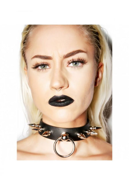 CK300 BLACK LEATHER CHOKER WITH 1" SPIKES AND RING HOLDER