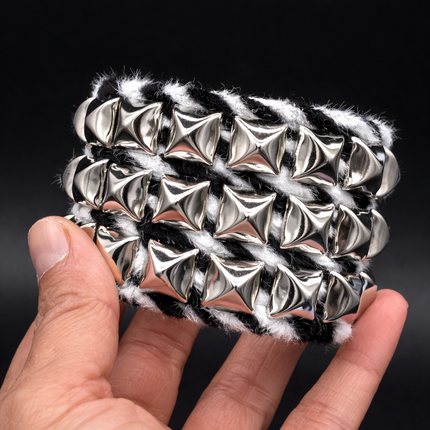 BC127LEOPARD THREE ROW FUZZY LEOPARD  PYRAMID STUDDED BRACELET CUFF