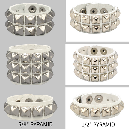WHITE LEATHER PYRAMID STUDDED LEATHER  SNAP BRACELET