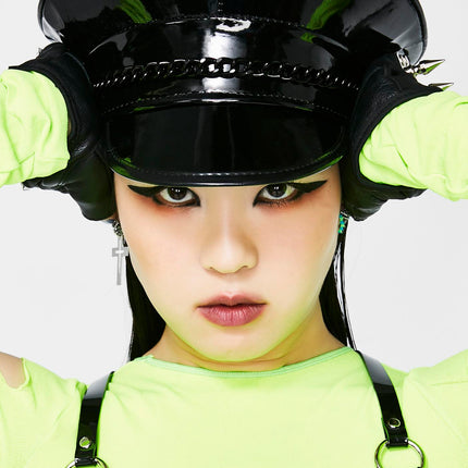 HT255P-BS PATENT BLACK  CAPTAIN HAT WITH BLACK CHAIN