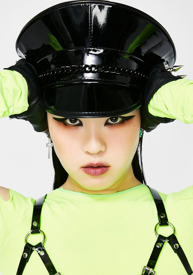 HT255P-BS PATENT BLACK  CAPTAIN HAT WITH BLACK CHAIN