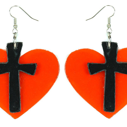 ER903RED-BLK HEART CROSS EARRING