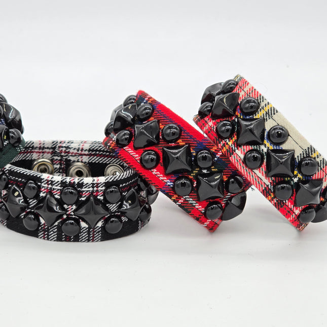BC263PD PLAID 2 ROW BLACK ROUND DIAMOND STUDDED BRACELET CUFF