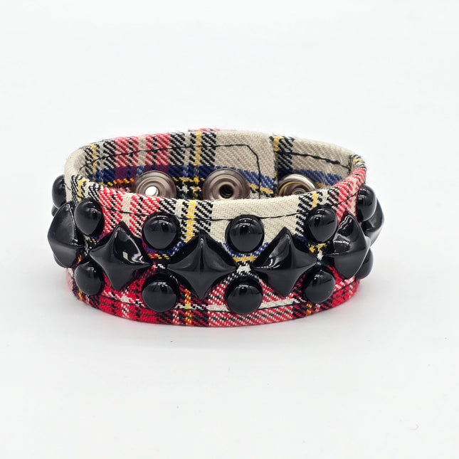 BC263PD PLAID 2 ROW BLACK ROUND DIAMOND STUDDED BRACELET CUFF
