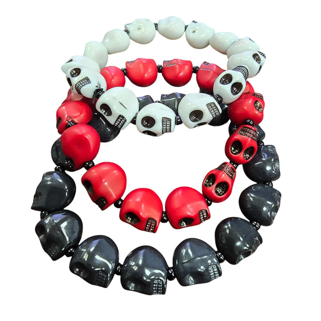 FB3247  3PC SET SKULL RED/BLK/WHT STRETCH BRACELET