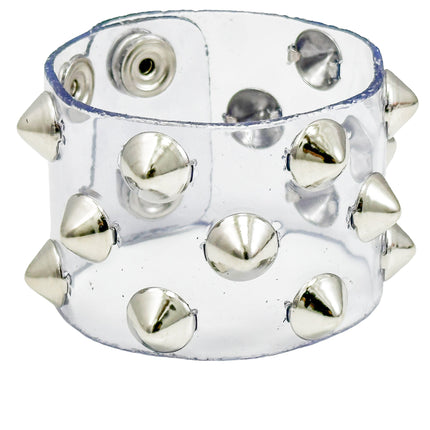 FB346 VN-CLR 3 ROWS OF 1/2" CONICAL  STUDS BRACELET PVC CLEAR