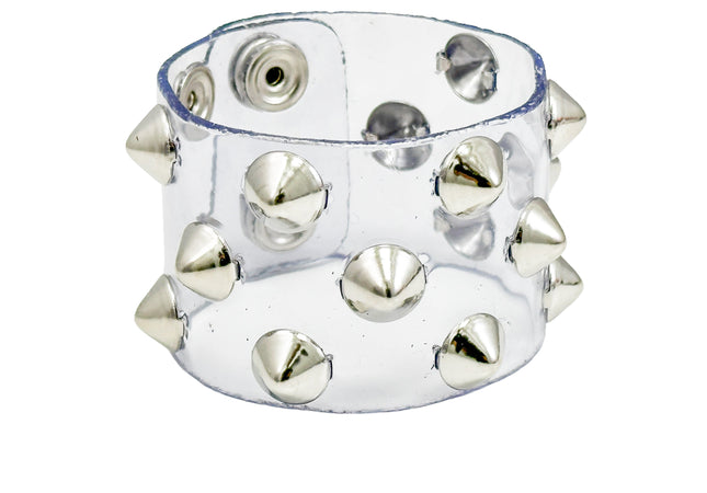 FB346 VN-CLR 3 ROWS OF 1/2" CONICAL  STUDS BRACELET PVC CLEAR