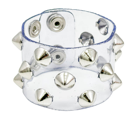 FB346 VN-CLR 3 ROWS OF 1/2" CONICAL  STUDS BRACELET PVC CLEAR