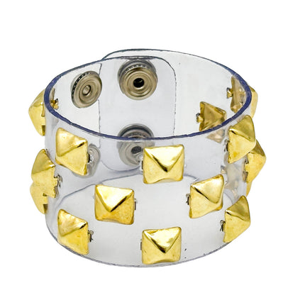 B347 VN-CLR 3 ROWS OF 1/2" PYRAMID  STUDS BRACELET PVC CLEAR