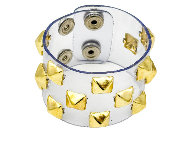 B347 VN-CLR 3 ROWS OF 1/2" PYRAMID  STUDS BRACELET PVC CLEAR