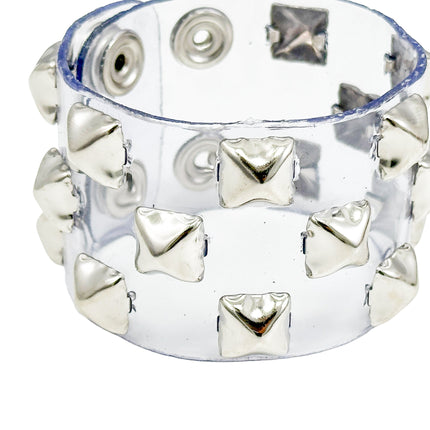 B347 VN-CLR 3 ROWS OF 1/2" PYRAMID  STUDS BRACELET PVC CLEAR