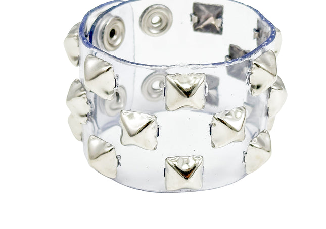 B347 VN-CLR 3 ROWS OF 1/2" PYRAMID  STUDS BRACELET PVC CLEAR
