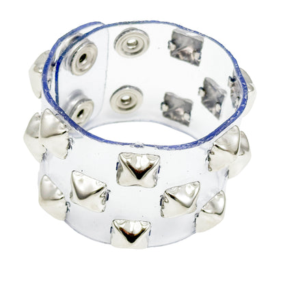 B347 VN-CLR 3 ROWS OF 1/2" PYRAMID  STUDS BRACELET PVC CLEAR