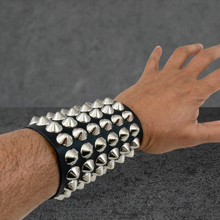 BC126CON   SIX ROW CONICAL STUD SHORT GAUNTLET BRACELET LEATHER