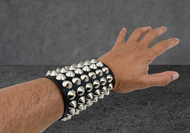 BC126CON   SIX ROW CONICAL STUD SHORT GAUNTLET BRACELET LEATHER