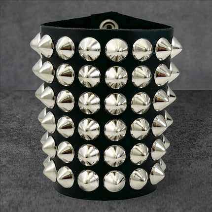 BC126CON   SIX ROW CONICAL STUD SHORT GAUNTLET BRACELET LEATHER