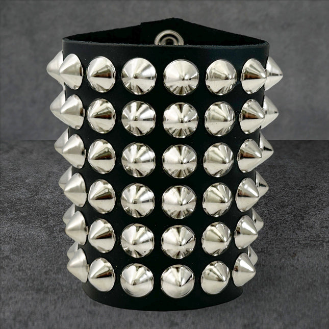 BC126CON   SIX ROW CONICAL STUD SHORT GAUNTLET BRACELET LEATHER