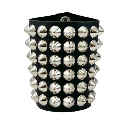 BC126CON   SIX ROW CONICAL STUD SHORT GAUNTLET BRACELET LEATHER