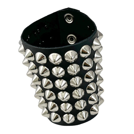 BC126CON   SIX ROW CONICAL STUD SHORT GAUNTLET BRACELET LEATHER