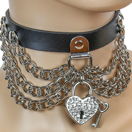 FC142HT TRIPLE CHAIN ASSORTED HEART LOCK LEATHER CHOKER