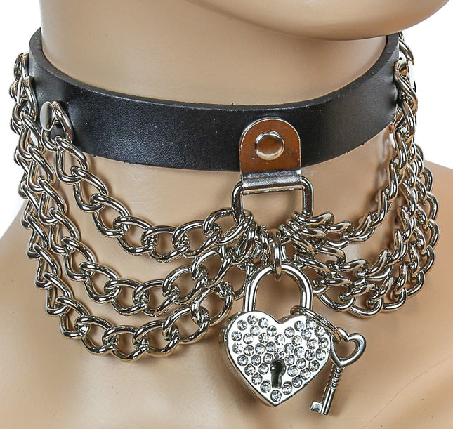 FC142HT TRIPLE CHAIN ASSORTED HEART LOCK LEATHER CHOKER