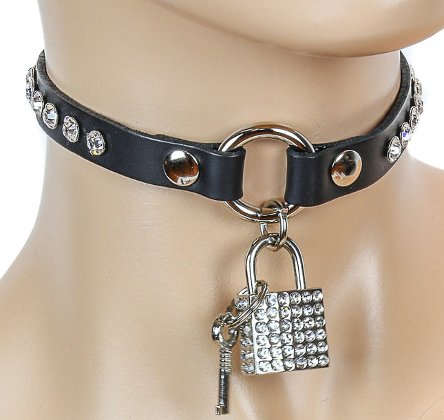 FC145SQ  -O- RING CHOKER WITH RHINESTONE PAD LOCK