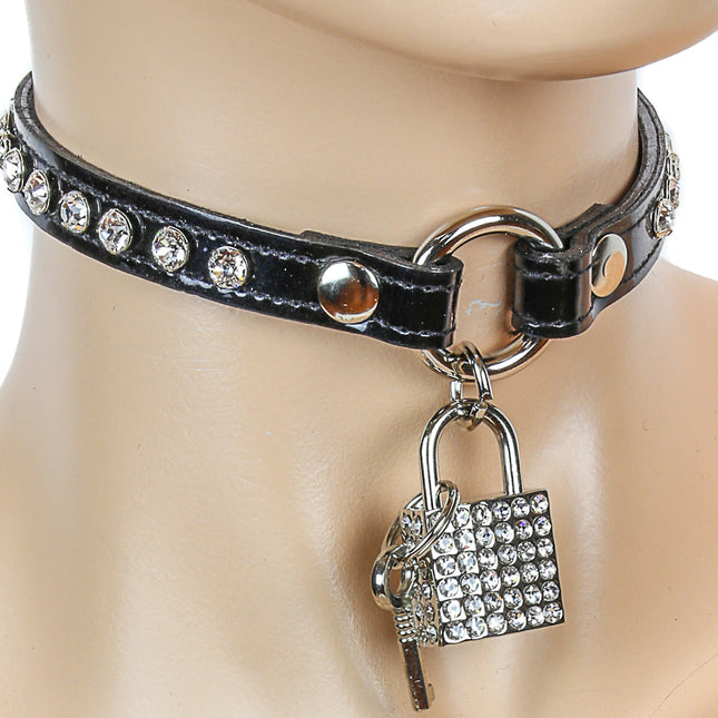 FC145P.BLK-SQ O- RING CHOKER WITH RHINESTONE/SILVER SQUARE LOCK