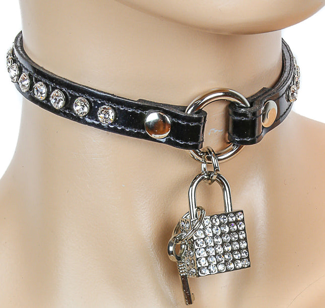 FC145P.BLK-SQ O- RING CHOKER WITH RHINESTONE/SILVER SQUARE LOCK