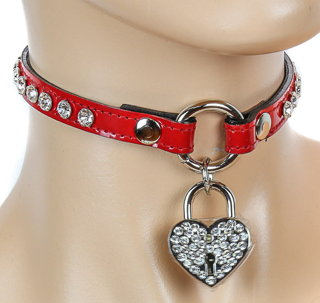 FC145P-HT PATENT LEATHER -O- RING CHOKER WITH RHINESTONE/SILVER HEART