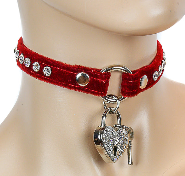 FC145VEL-HT VELVET -O- RING CHOKER WITH RHINESTONE HEART LOCK
