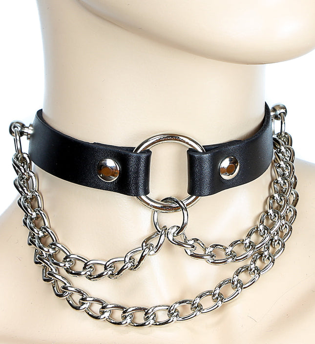 FC147 HANGING DIAMOND CUT CHAIN LEATHER CHOKER