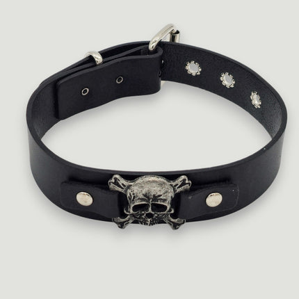 FC186  SKULL/ DEVIL  CROSBONE LEATHER COLLAR