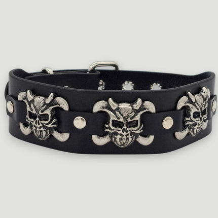 FC188  SKULL/ DEVIL 1 3/4" WIDE  CROSBONE LEATHER COLLAR