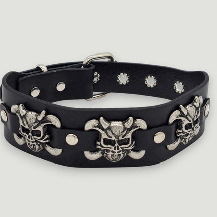 FC188  SKULL/ DEVIL 1 3/4" WIDE  CROSBONE LEATHER COLLAR
