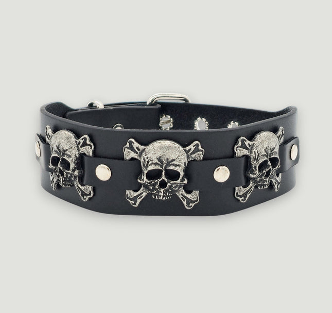 FC188  SKULL/ DEVIL 1 3/4" WIDE  CROSBONE LEATHER COLLAR