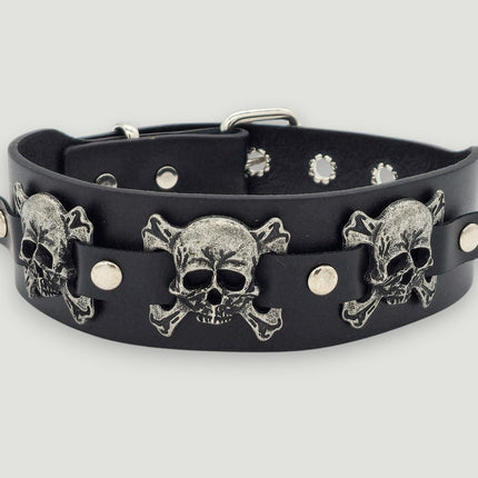FC188  SKULL/ DEVIL 1 3/4" WIDE  CROSBONE LEATHER COLLAR