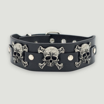FC188  SKULL/ DEVIL 1 3/4" WIDE  CROSBONE LEATHER COLLAR