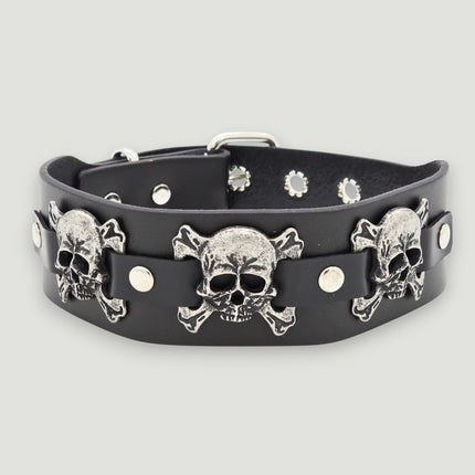 FC188  SKULL/ DEVIL 1 3/4" WIDE  CROSBONE LEATHER COLLAR