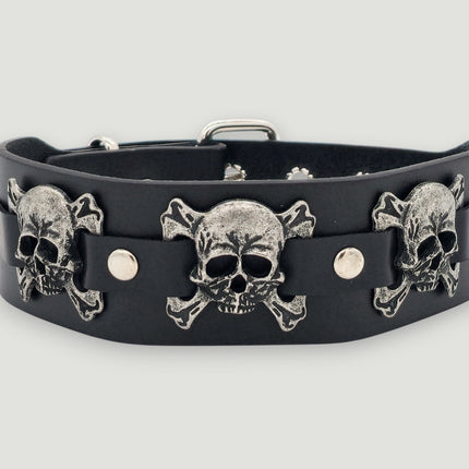 FC188  SKULL/ DEVIL 1 3/4" WIDE  CROSBONE LEATHER COLLAR