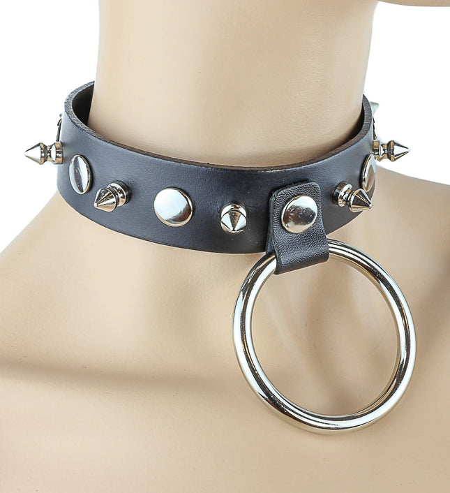 FC201 SMALL SPIKE RIVET HANGING 2" RING BONDAGE CHOKER
