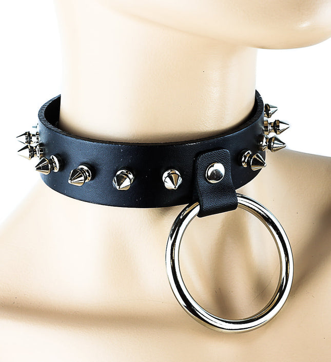 FC202 1/2" SPIKE RIVET HANGING 2" RING BONDAGE CHOKER