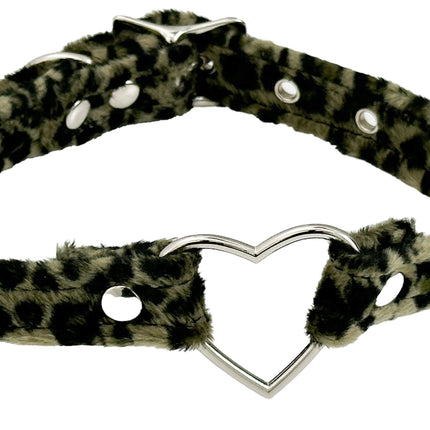 FC223L  FUZZY LEOPARD HEART RING BONDAGDE RING CHOKER