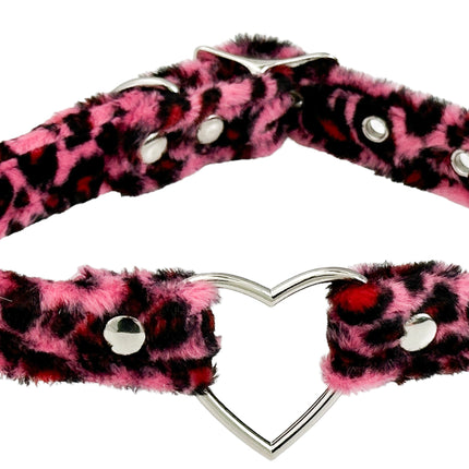 FC223L  FUZZY LEOPARD HEART RING BONDAGDE RING CHOKER