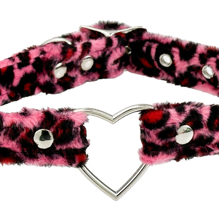 FC223L  FUZZY LEOPARD HEART RING BONDAGDE RING CHOKER