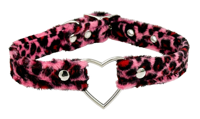 FC223L  FUZZY LEOPARD HEART RING BONDAGDE RING CHOKER